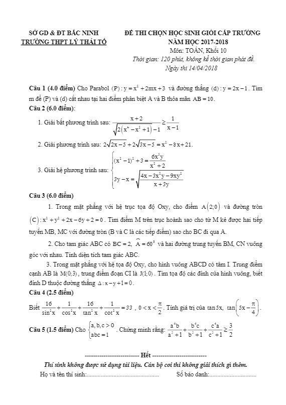 Đề thi chọn HSG lớp 10 môn Toán cấp trường năm 2017 2018 trường Lý Thái Tổ Bắc Ninh