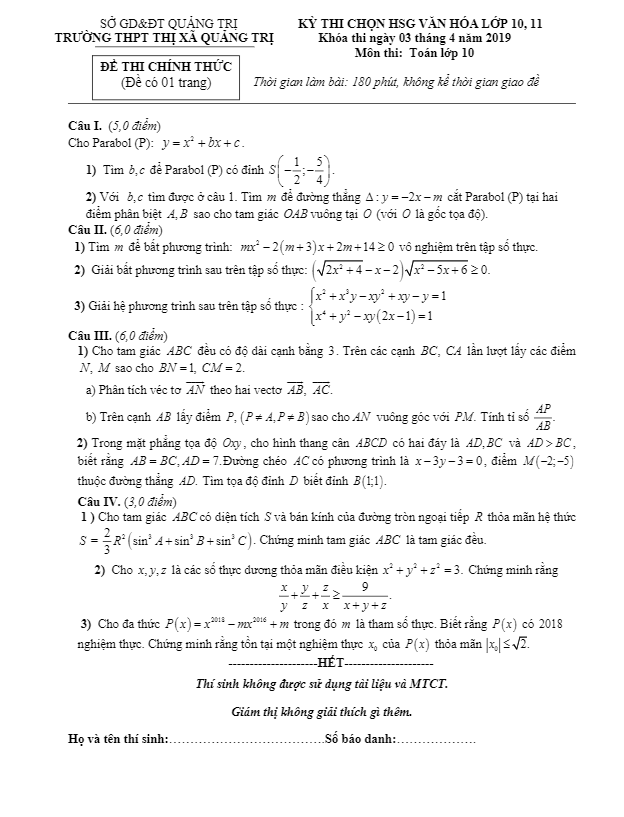 Đề thi chọn HSG lớp 10 môn Toán năm 2018 2019 trường THPT Thị xã Quảng Trị