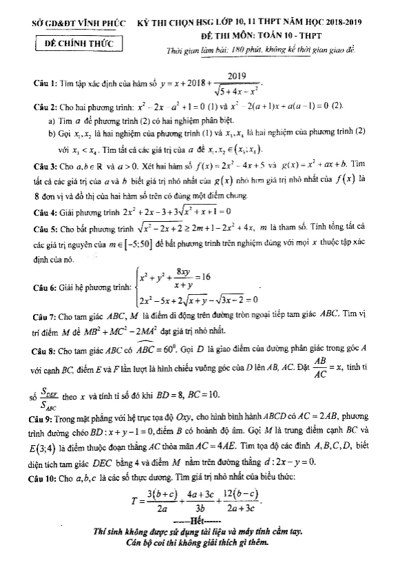 Đề thi chọn HSG lớp 10 môn Toán THPT năm học 2018 2019 sở GD ĐT Vĩnh Phúc