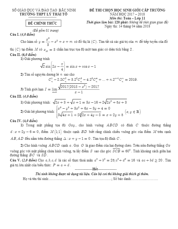 Đề thi chọn HSG lớp 11 môn Toán cấp trường năm 2017 2018 trường Lý Thái Tổ Bắc Ninh