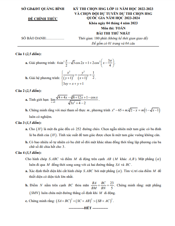 Đề thi chọn HSG lớp 11 môn Toán năm 2022 2023 sở GD ĐT Quảng Bình