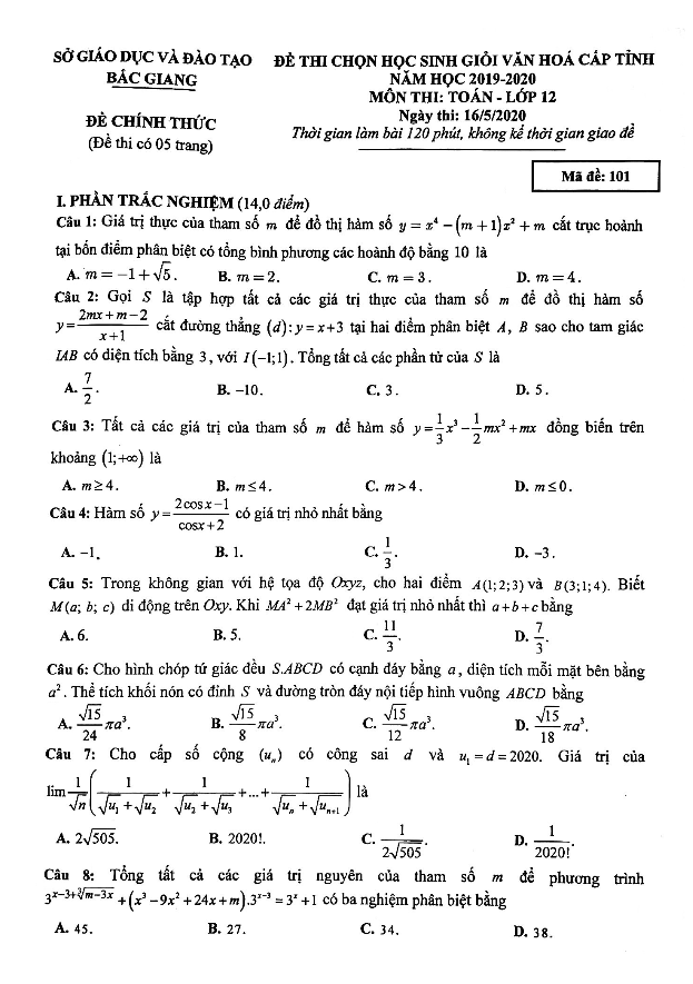 Đề thi chọn HSG lớp 12 môn Toán cấp tỉnh năm học 2019 2020 sở GD ĐT Bắc Giang