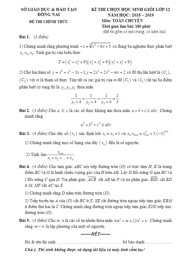 Đề thi chọn HSG lớp 12 môn Toán chuyên năm học 2018 2019 sở GD ĐT Đồng Nai