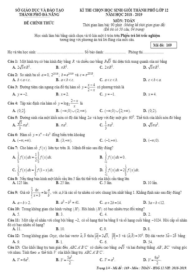Đề thi chọn HSG lớp 12 môn Toán năm 2018 2019 sở GD ĐT thành phố Đà Nẵng
