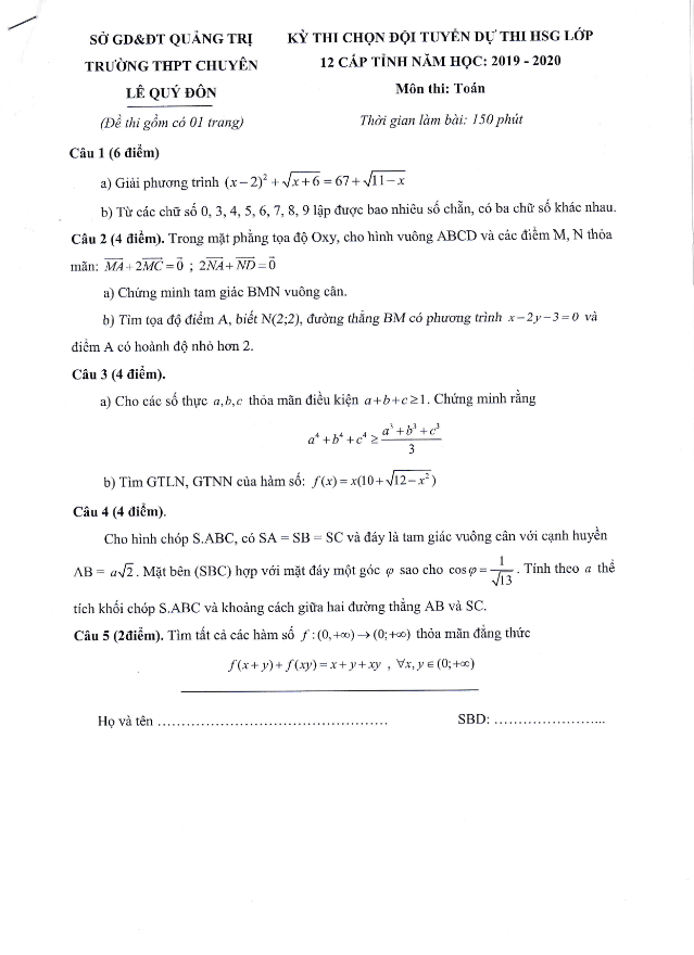 Đề thi chọn HSG lớp 12 môn Toán năm 2019 2020 trường chuyên Lê Quý Đôn Quảng Trị