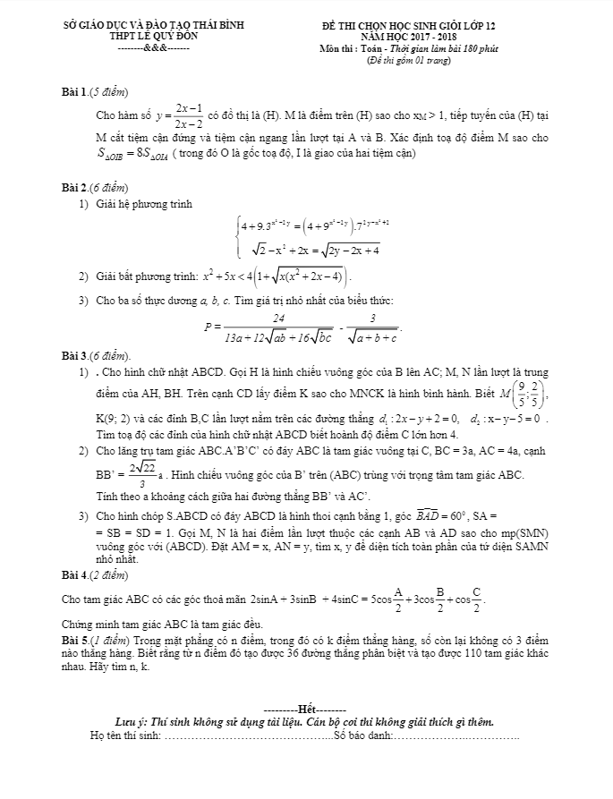 Đề thi chọn HSG lớp 12 môn Toán năm học 2017 2018 trường THPT Lê Quý Đôn Thái Bình