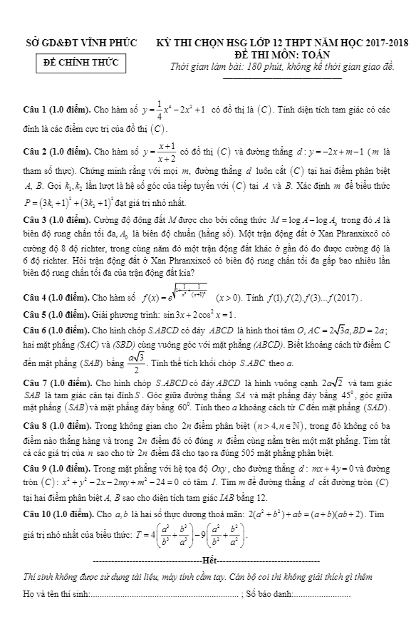 Đề thi chọn HSG lớp 12 môn Toán THPT năm học 2017 2018 sở GD và ĐT Vĩnh Phúc