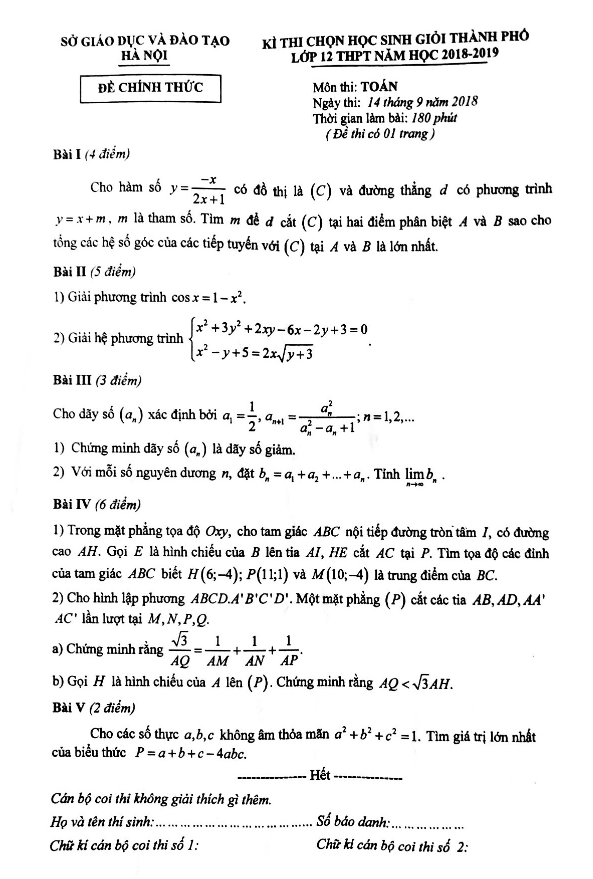 Đề thi chọn HSG lớp 12 môn Toán THPT năm học 2018 2019 sở GD và ĐT Hà Nội