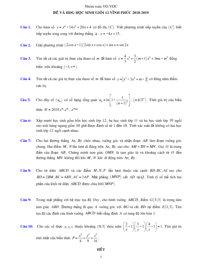 Đề thi chọn HSG lớp 12 môn Toán THPT năm học 2018 2019 sở GD và ĐT Vĩnh Phúc