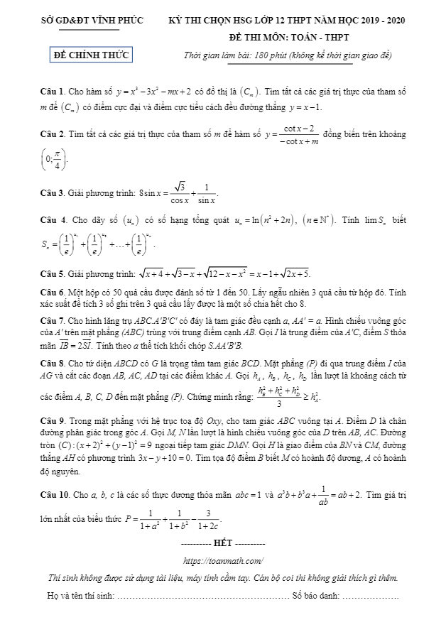 Đề thi chọn HSG lớp 12 môn Toán THPT năm học 2019 2020 sở GD ĐT Vĩnh Phúc