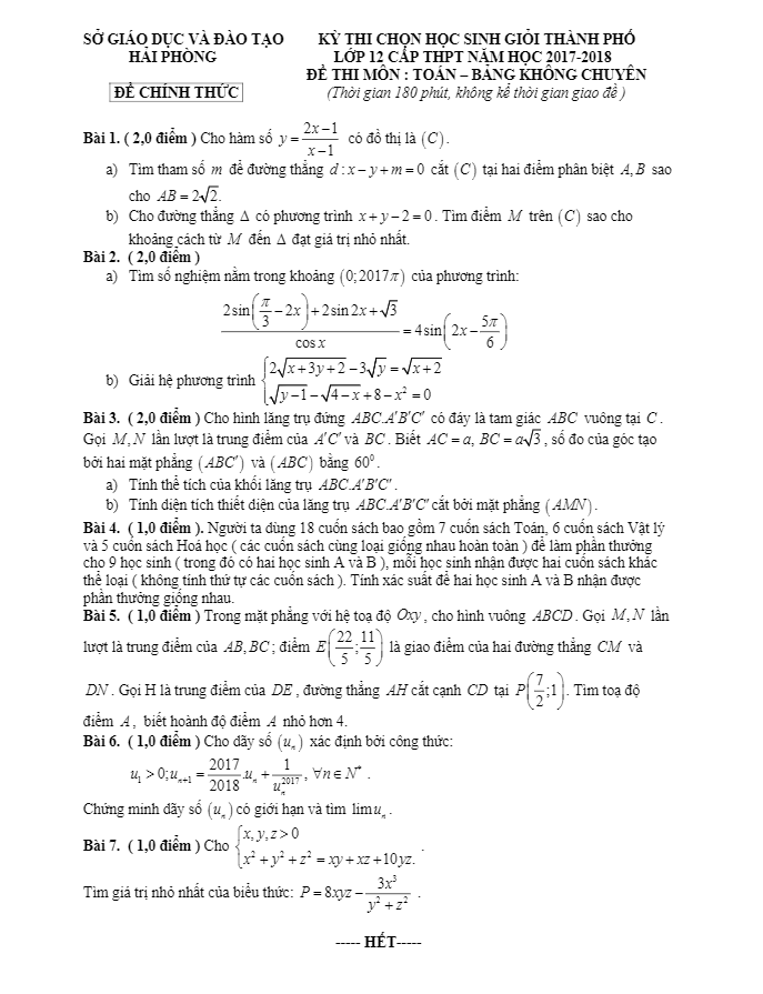 Đề thi chọn HSG thành phố lớp 12 môn Toán năm học 2017 2018 sở GD và ĐT Hải Phòng (Không chuyên)