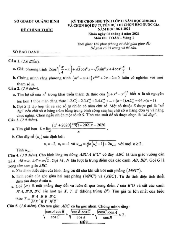 Đề thi chọn HSG tỉnh lớp 11 môn Toán năm 2020 2021 sở GD ĐT Quảng Bình (Vòng 1)