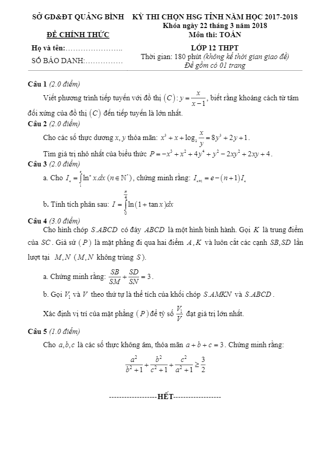 Đề thi chọn HSG tỉnh lớp 12 môn Toán năm 2017 2018 sở GD ĐT Quảng Bình