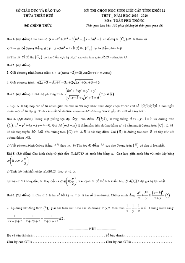 Đề thi chọn HSG tỉnh lớp 12 môn Toán năm 2019 2020 sở GD ĐT Thừa Thiên Huế