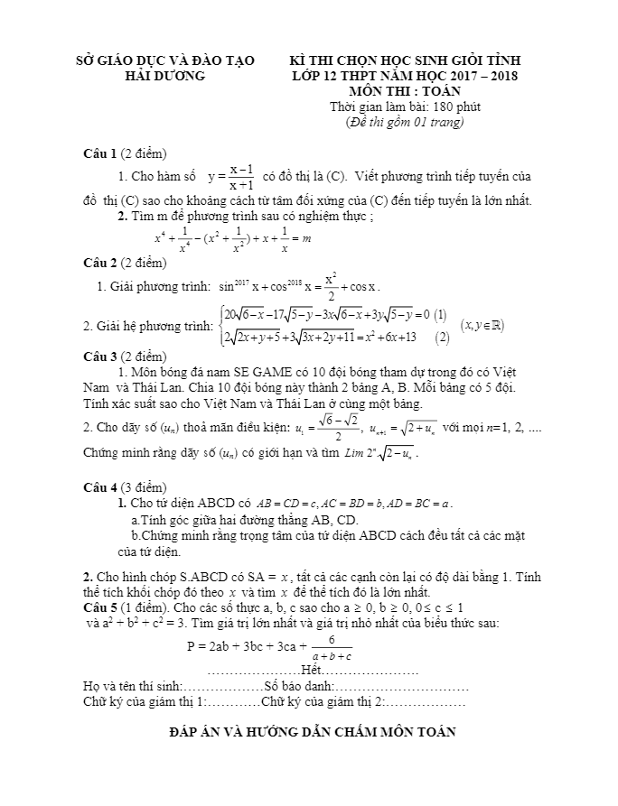 Đề thi chọn HSG tỉnh lớp 12 môn Toán năm học 2017 2018 sở GD và ĐT Hải Dương