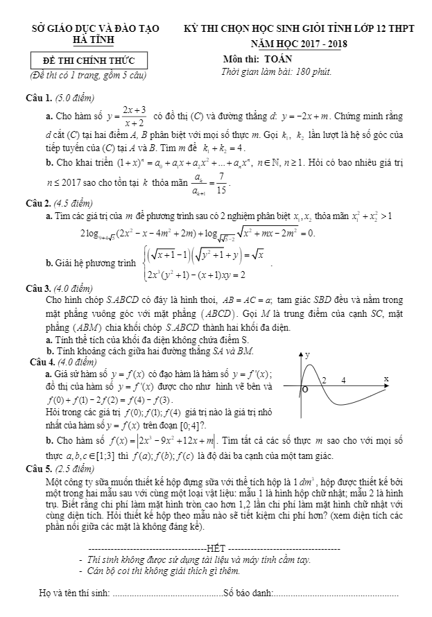 Đề thi chọn HSG tỉnh lớp 12 môn Toán THPT năm 2017 2018 sở GD và ĐT Hà Tĩnh