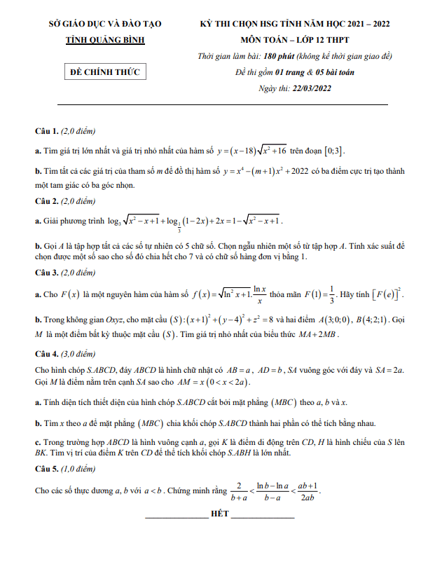 Đề thi chọn HSG tỉnh lớp 12 môn Toán THPT năm 2021 2022 sở GD ĐT Quảng Bình