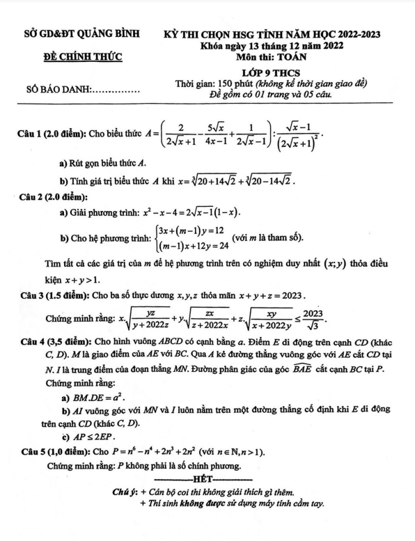 Đề thi chọn HSG tỉnh lớp 9 môn Toán năm 2022 2023 sở GD ĐT Quảng Bình
