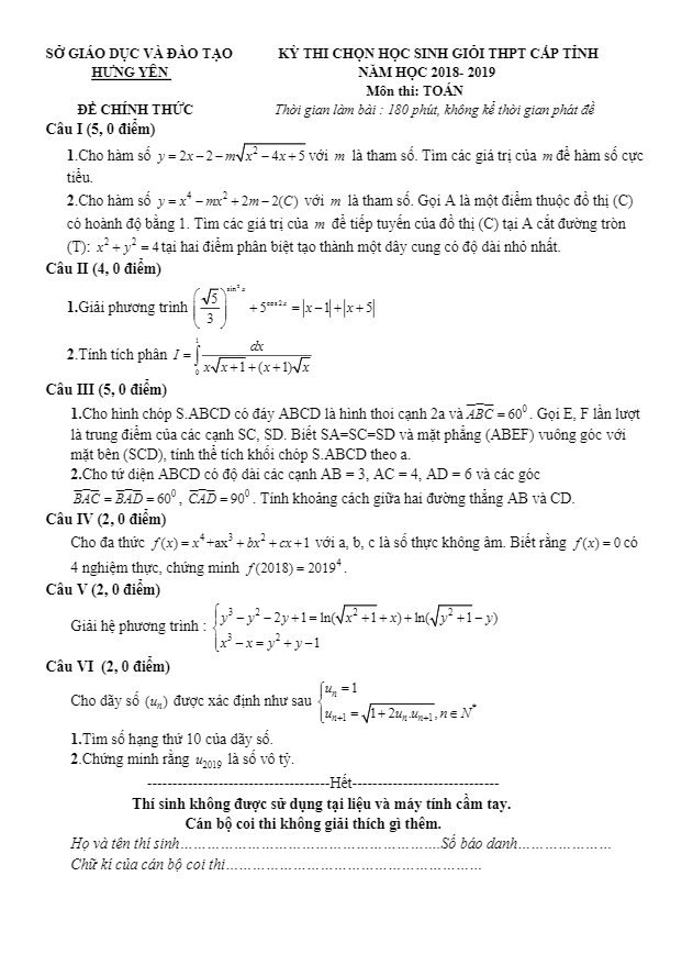 Đề thi chọn HSG Toán THPT cấp tỉnh năm 2018 2019 sở GD ĐT Hưng Yên