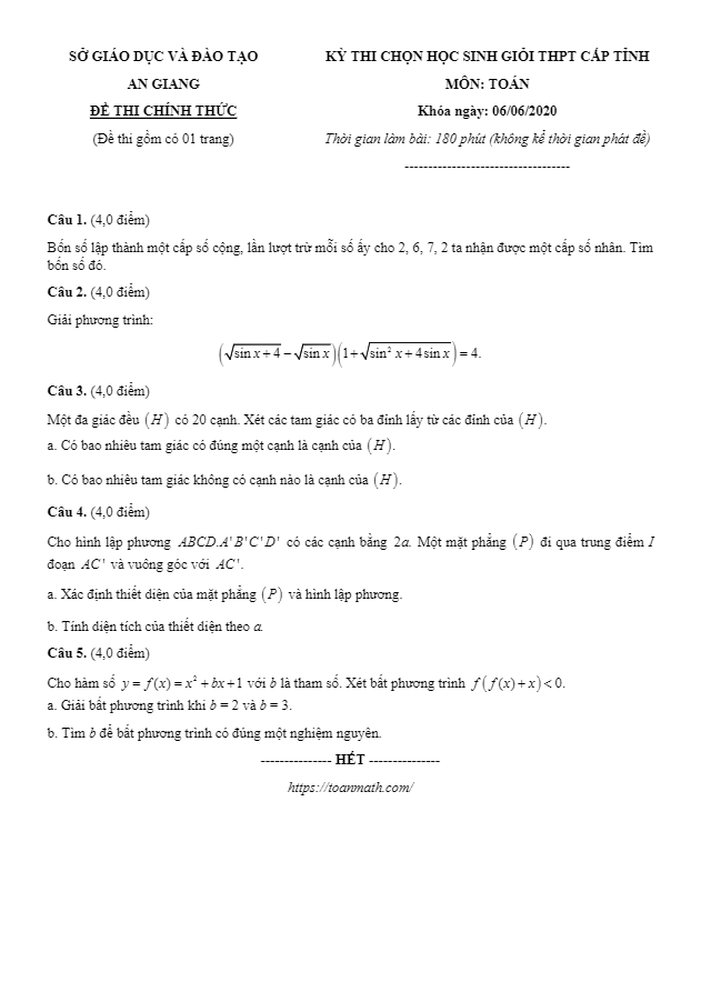 Đề thi chọn HSG Toán THPT cấp tỉnh năm 2019 2020 sở GD ĐT An Giang