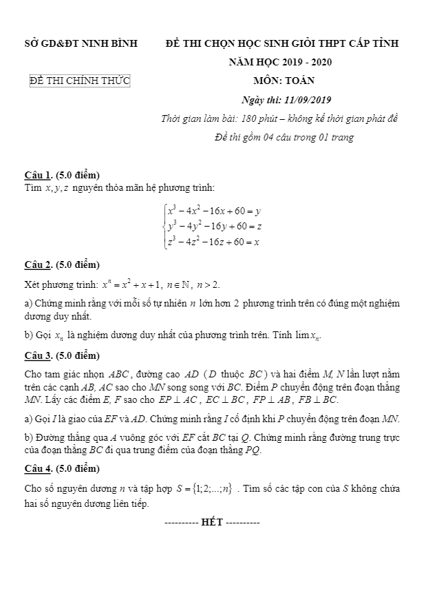 Đề thi chọn HSG Toán THPT cấp tỉnh năm 2019 2020 sở GD ĐT Ninh Bình