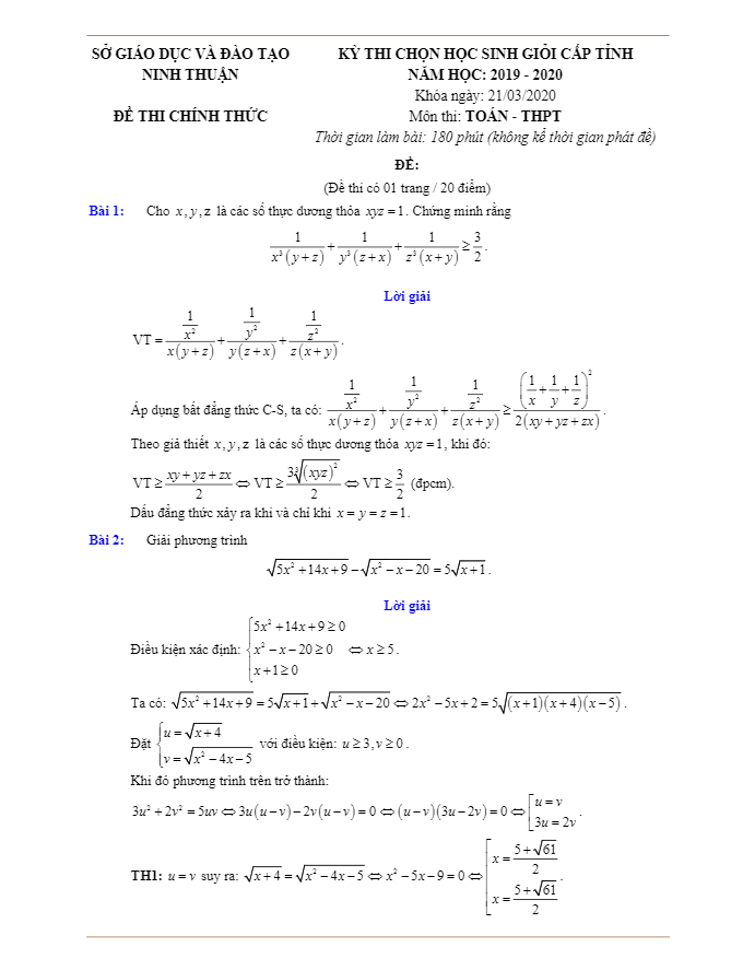 Đề thi chọn HSG Toán THPT cấp tỉnh năm 2019 2020 sở GD ĐT Ninh Thuận