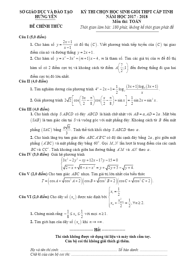 Đề thi chọn HSG Toán THPT cấp tỉnh năm học 2017 2018 sở GD và ĐT Hưng Yên