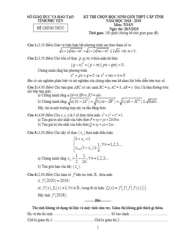Đề thi chọn HSG Toán THPT cấp tỉnh năm học 2018 2019 sở GD ĐT Phú Yên