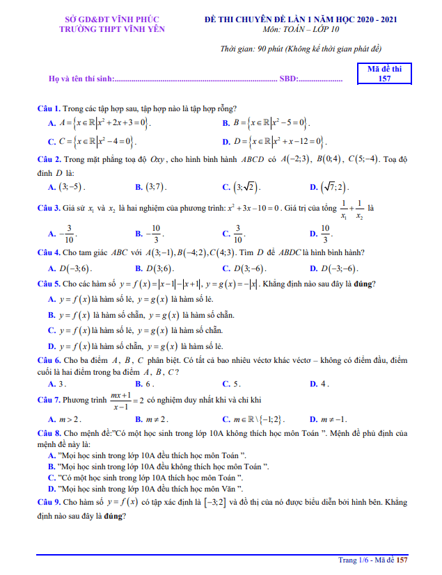 Đề thi chuyên đề lớp 10 môn Toán lần 1 năm 2020 2021 trường THPT Vĩnh Yên Vĩnh Phúc