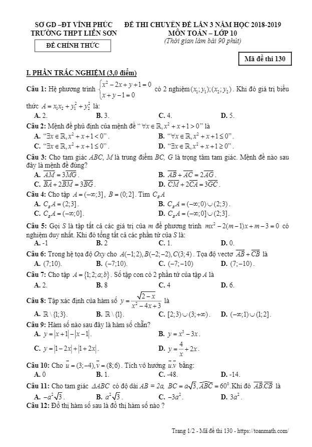Đề thi chuyên đề lớp 10 môn Toán lần 3 năm 2018 2019 trường Liễn Sơn Vĩnh Phúc