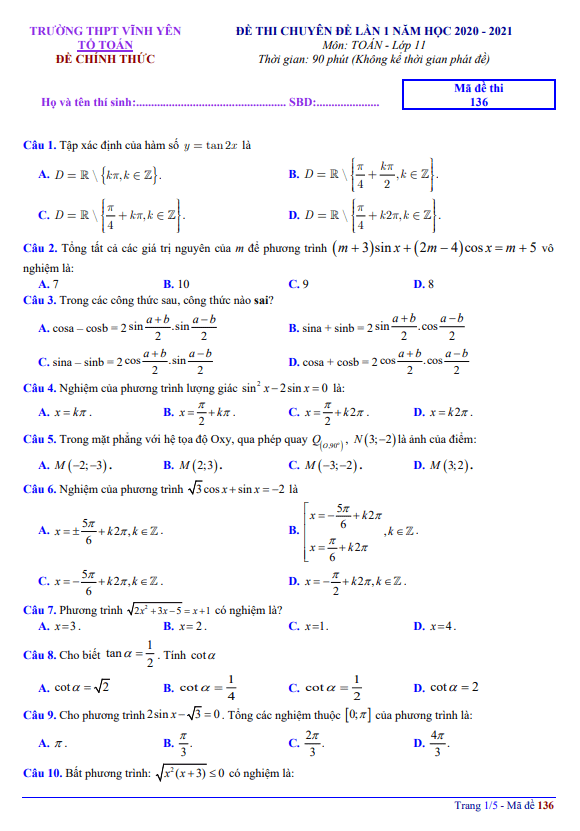 Đề thi chuyên đề lớp 11 môn Toán lần 1 năm 2020 2021 trường THPT Vĩnh Yên Vĩnh Phúc