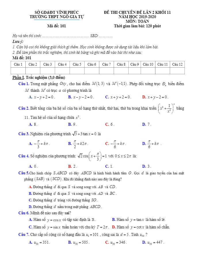 Đề thi chuyên đề lớp 11 môn Toán lần 2 năm 2019 2020 trường Ngô Gia Tự Vĩnh Phúc