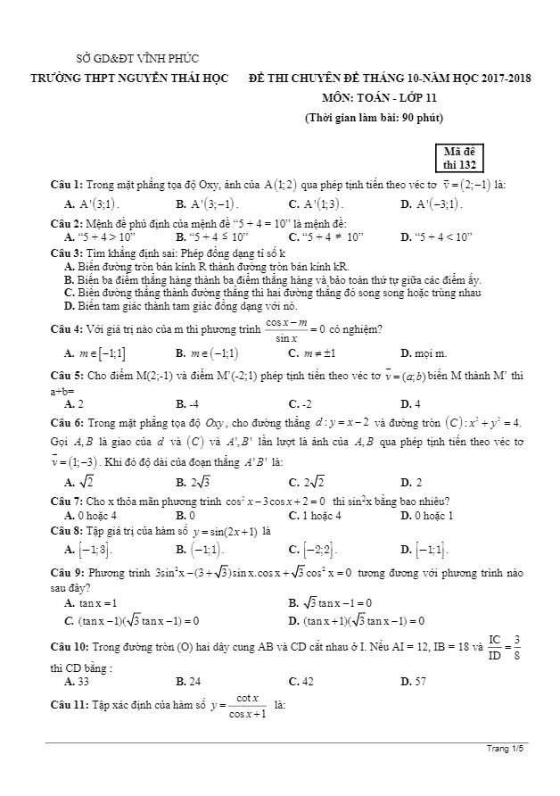Đề thi chuyên đề tháng 10 năm học 2017 2018 lớp 11 môn Toán trường Nguyễn Thái Học Vĩnh Phúc