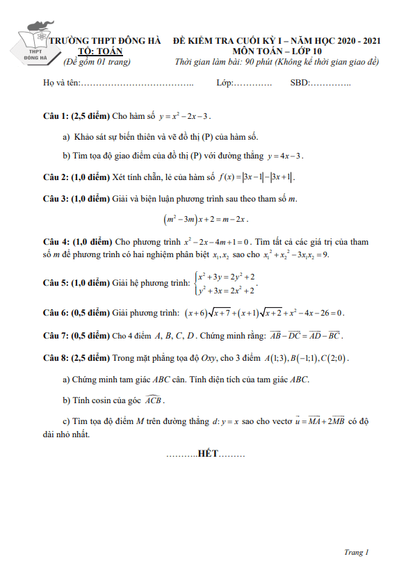 Đề thi cuối học kì 1 (HK1) lớp 10 môn Toán năm 2020 2021 trường THPT Đông Hà Quảng Trị