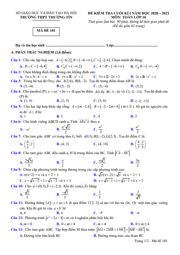Đề thi cuối học kì 1 (HK1) lớp 10 môn Toán năm 2020 2021 trường THPT Thường Tín Hà Nội