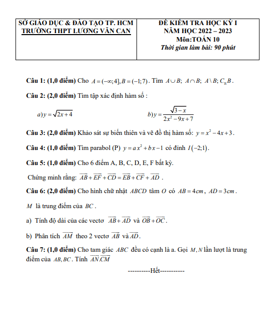 Đề thi cuối học kì 1 (HK1) lớp 10 môn Toán năm 2022 2023 trường THPT Lương Văn Can TP HCM