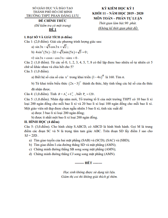 Đề thi cuối học kì 1 (HK1) lớp 11 môn Toán năm 2019 2020 trường THPT Phan Đăng Lưu TP HCM