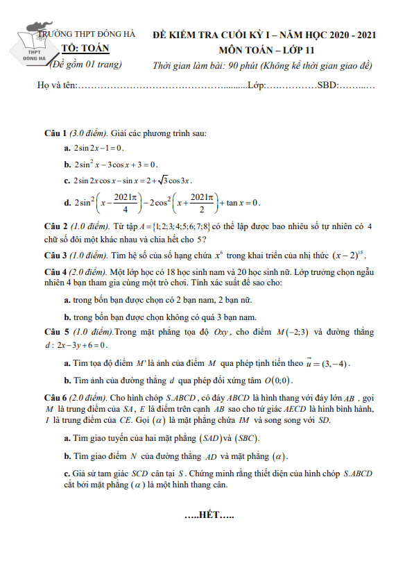 Đề thi cuối học kì 1 (HK1) lớp 11 môn Toán năm 2020 2021 trường THPT Đông Hà Quảng Trị