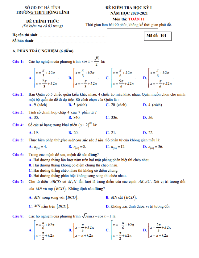 Đề thi cuối học kì 1 (HK1) lớp 11 môn Toán năm 2020 2021 trường THPT Hồng Lĩnh Hà Tĩnh