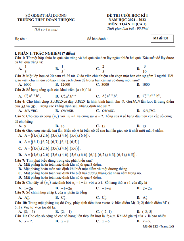 Đề thi cuối học kì 1 (HK1) lớp 11 môn Toán năm 2021 2022 trường THPT Đoàn Thượng Hải Dương