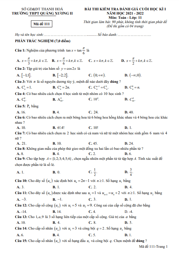 Đề thi cuối học kì 1 (HK1) lớp 11 môn Toán năm 2021 2022 trường THPT Quảng Xương 2 Thanh Hóa