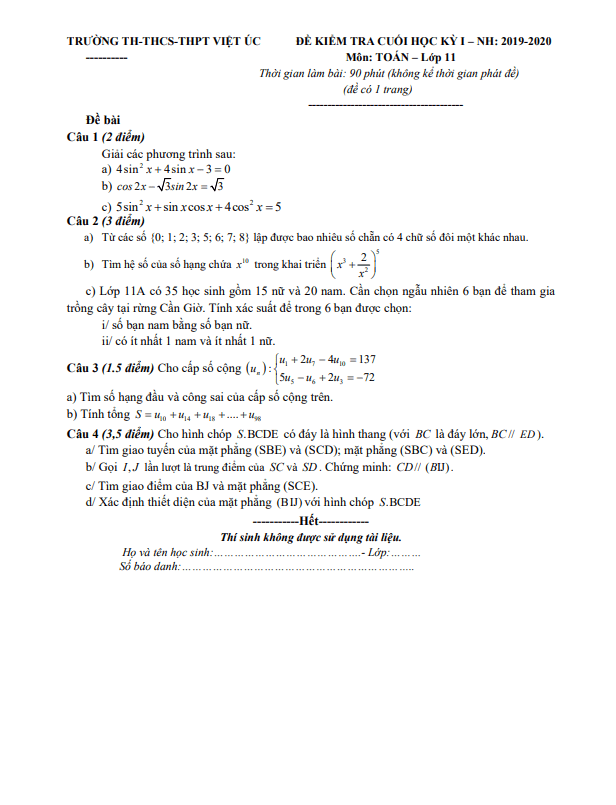 Đề thi cuối học kì 1 (HK1) lớp 11 môn Toán năm học 2019 2020 trường Việt Úc TP HCM