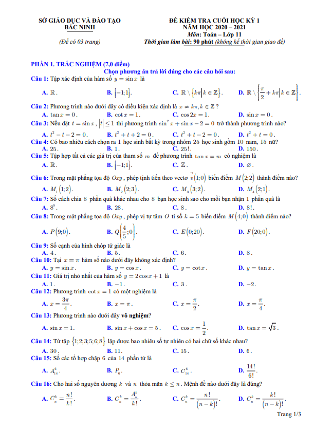 Đề thi cuối học kì 1 (HK1) lớp 11 môn Toán năm học 2020 2021 sở GD ĐT Bắc Ninh