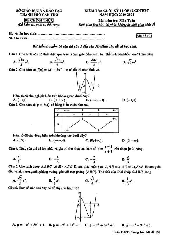 Đề thi cuối học kì 1 (HK1) lớp 12 môn Toán GDTHPT năm 2020 2021 sở GD ĐT Cần Thơ