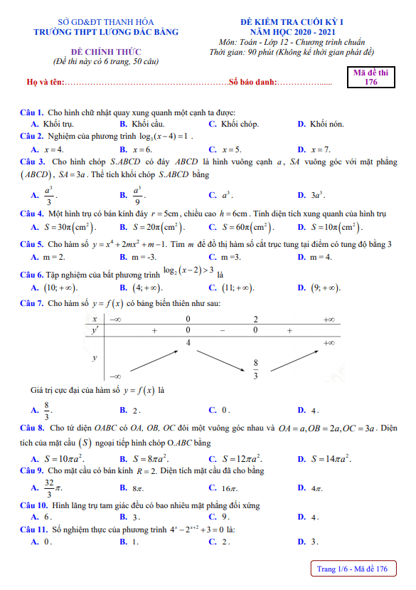 Đề thi cuối học kì 1 (HK1) lớp 12 môn Toán năm 2020 2021 trường Lương Đắc Bằng Thanh Hóa