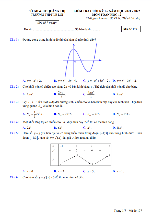 Đề thi cuối học kì 1 (HK1) lớp 12 môn Toán năm 2021 2022 trường THPT Lê Lợi Quảng Trị