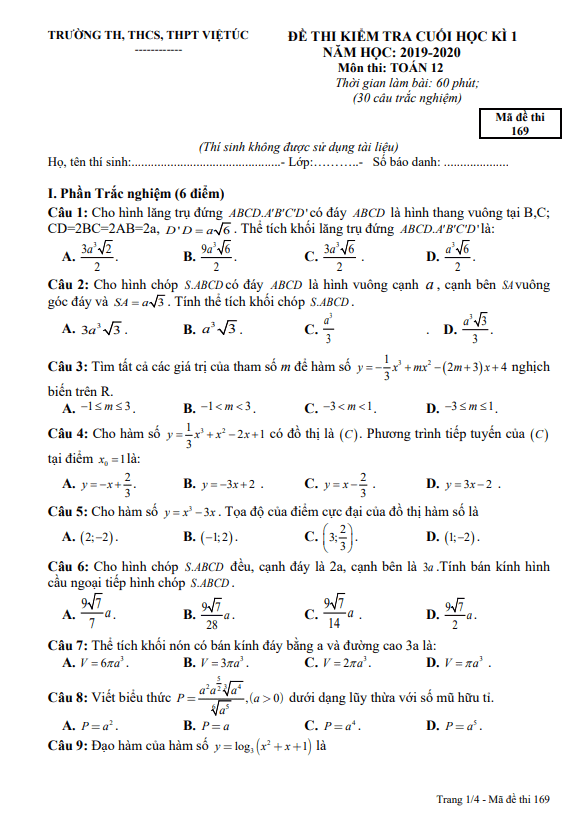 Đề thi cuối học kì 1 (HK1) lớp 12 môn Toán năm học 2019 2020 trường Việt Úc TP HCM