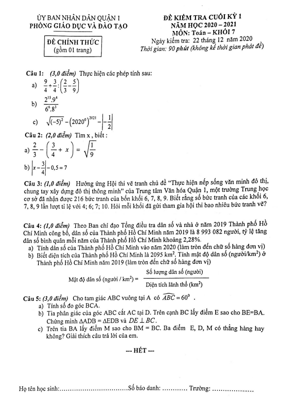 Đề thi cuối học kì 1 (HK1) lớp 7 môn Toán năm 2020 2021 phòng GD ĐT Quận 1 TP HCM