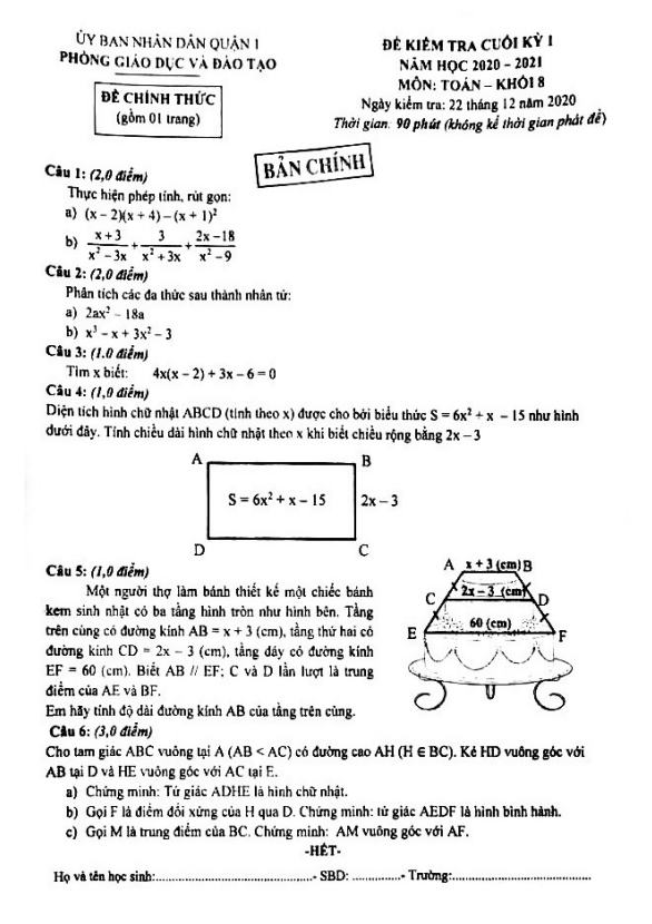Đề thi cuối học kì 1 (HK1) lớp 8 môn Toán năm 2020 2021 phòng GD ĐT Quận 1 TP HCM