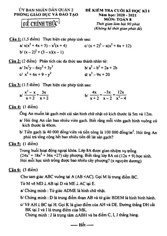 Đề thi cuối học kì 1 (HK1) lớp 8 môn Toán năm 2020 2021 phòng GD ĐT Quận 2 TP HCM